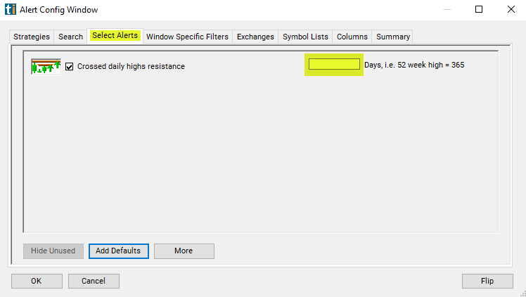 Crossed Daily Highs Resistance Alert Custom Settings