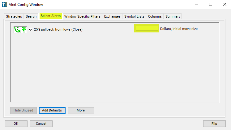 25% Pullback from Lows (close) Alert Custom Settings